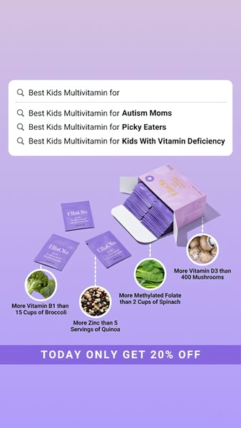 This ad creative features a search bar hook targeted at specific parent personas, followed by direct, visual ingredient comparisons to demonstrate product density.
